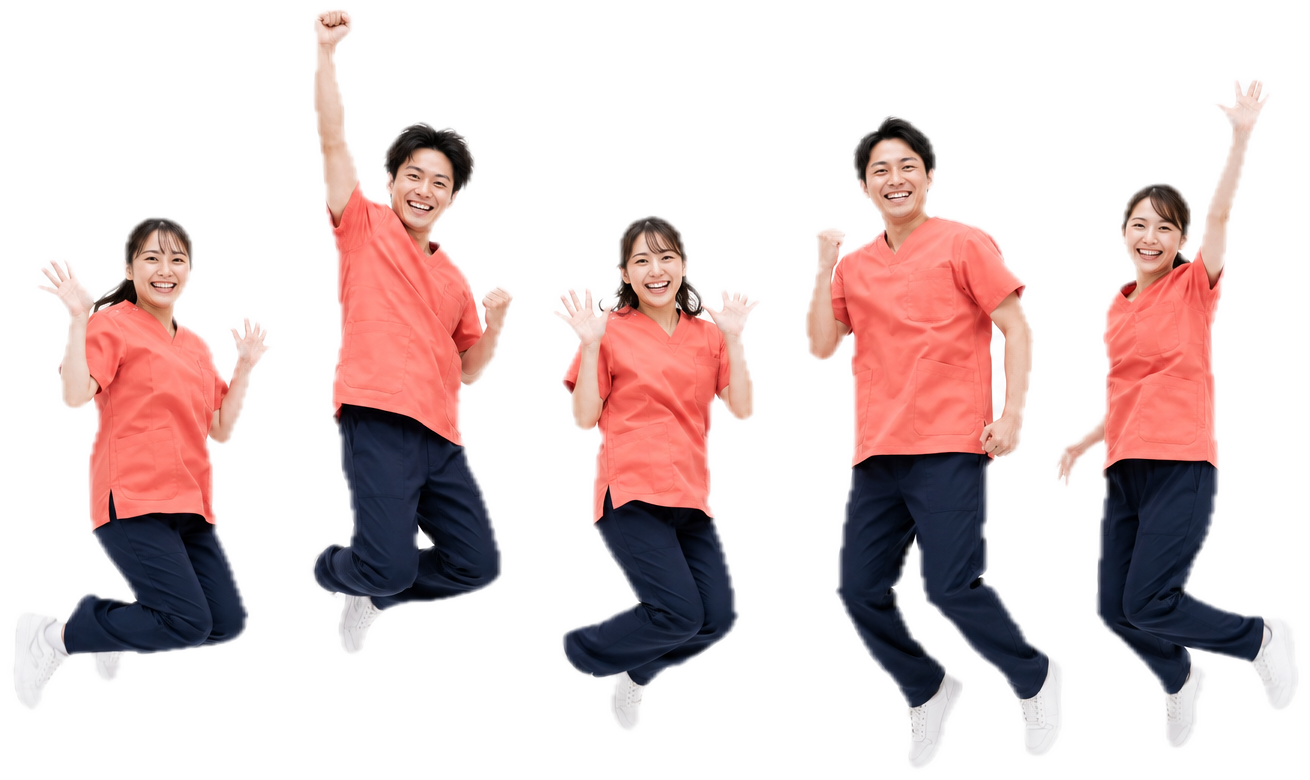 コーラルの制服でジャンプするmyCredのスタッフ