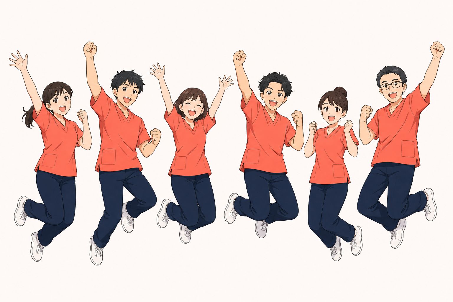 コーラルの制服で喜ぶ治療家たちのイラスト