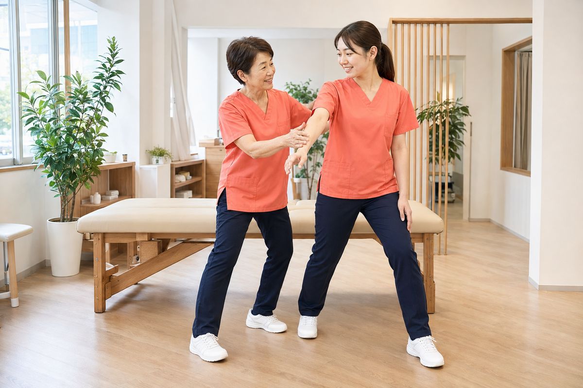 先輩と一緒に施術を学ぶ様子