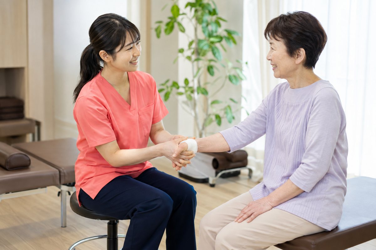 患者様の手を取って説明する治療家