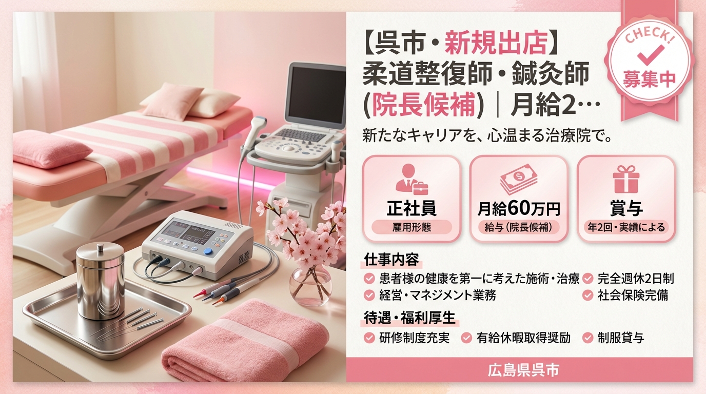 【呉市・新規出店】柔道整復師・鍼灸師（院長候補）｜月給25〜60万円＋賞与｜23歳院長誕生の成長企業｜週休2日・社保完備