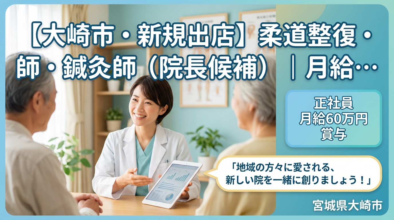 【大崎市・新規出店】柔道整復師・鍼灸師（院長候補）｜月給25〜60万円＋賞与｜23歳院長誕生の成長企業｜週休2日・社保完備