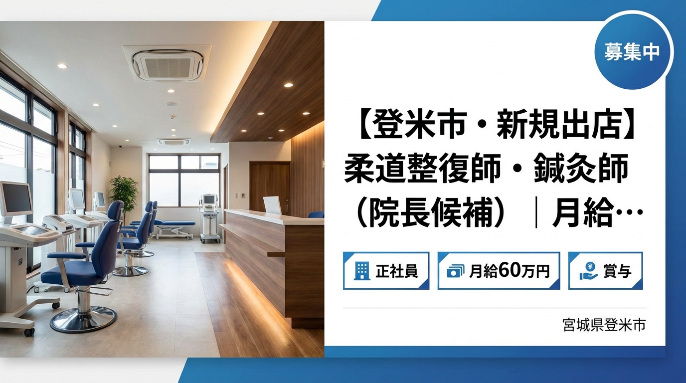 【登米市・新規出店】柔道整復師・鍼灸師（院長候補）｜月給25〜60万円＋賞与｜23歳院長誕生の成長企業｜週休2日・社保完備